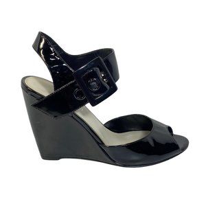 Nine West Black Patent Leather Ankle Strap Wedge Heel